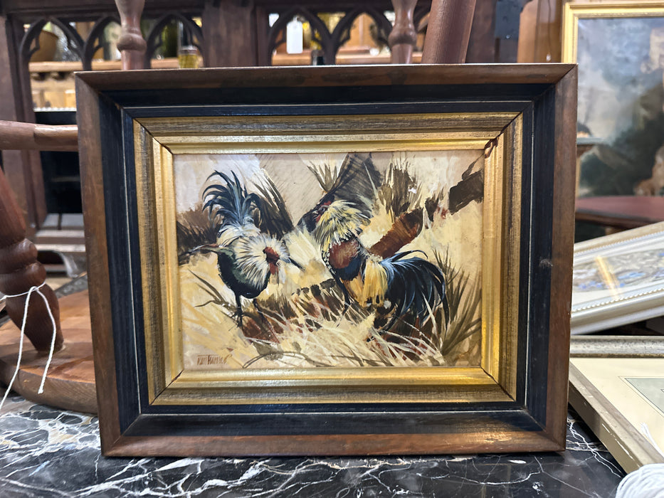 SMALL PAINTING "FIGHTING COCKS" BY KEN TURNER