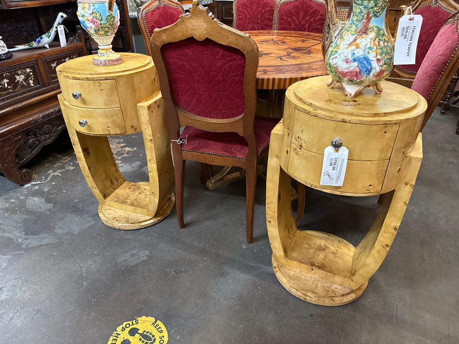 PAIR OF ART DECO DOUBLE DRAWER U SHAPED BIRD'S EYE MAPLE STANDS-LIGHT