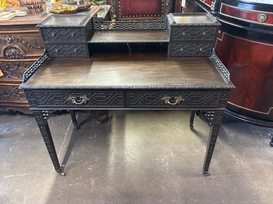 CHINESE CHIPPENDALE ORNATELY CARVED MAHOGANY DESK WITH UPPER DRAWERS AND GALLERY