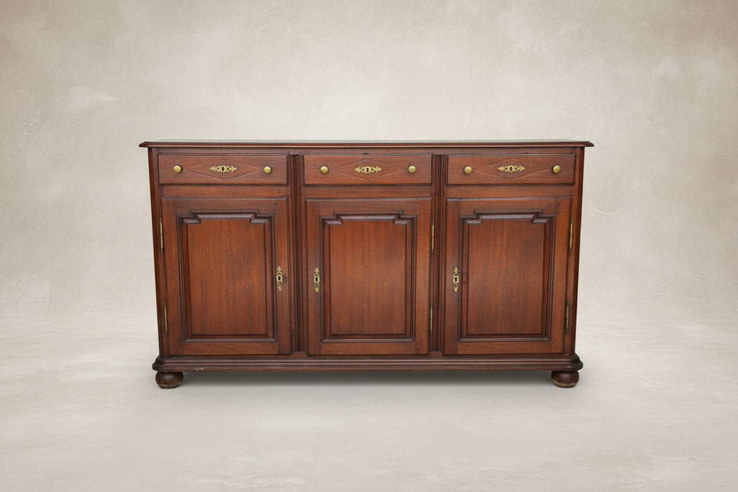 3 DOOR BRASS HANDLED PANELED OAK SIDEBOARD