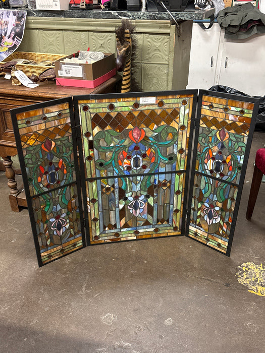 3 PIECE VINTAGE STAINED GLASS FIRE SCREEN