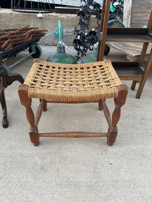 SMALL OAK RUSH SEAT STOOL AS FOUND