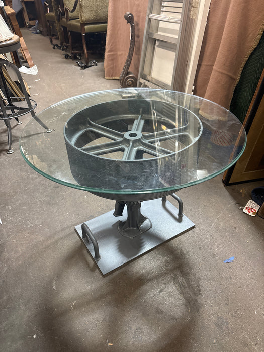 INDUSTRIAL METAL BASE COFFEE TABLE WITH ROUND GLASS TOP
