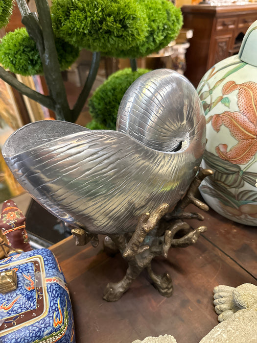 LARGE CHROME NATUTILUS SHELL ON BRONZE CORAL BASE
