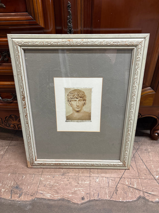 MEDIUM CARVED WHITE WASHED FRAMED PRINT OF ROMAN BUST