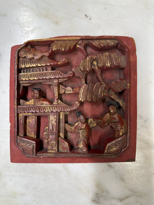 HAND CARVED CHINESE RED WOOD PANEL WITH PEOPLE