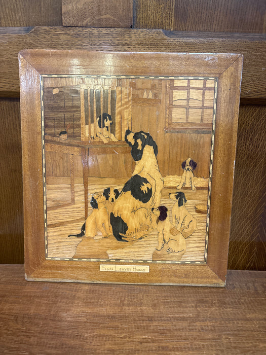 INLAID PANEL”SON LEAVES HOME” WITH MOTHER AND PUPS