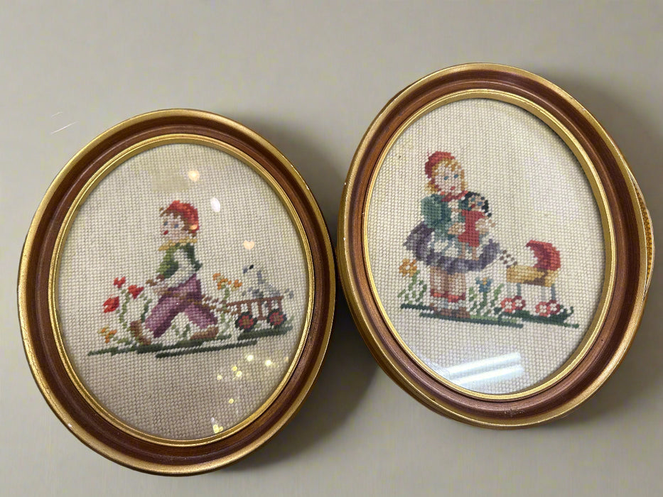 PAIR OF OVAL FRAMED NEEDLEPOINTS OF BOY AND GIRL