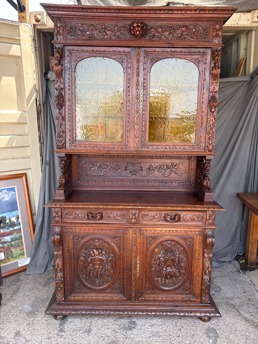 LOUIS XIII GRIFFIN CARVED OAK HUNT BOARD WITH YELLOW GLASS TOP DOORS