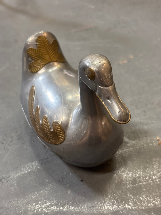 SMALL PEWTER AND BRASS DUCK BOX