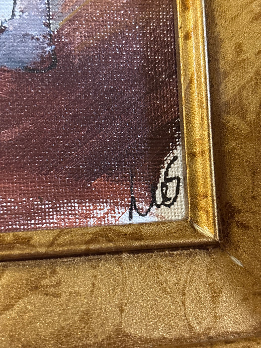 BLACK CRACKLE GOLD FRAMED PAINTING OF DOG - SIGNED ON BACK