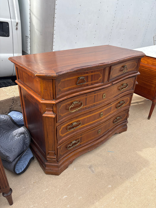 SERPENTINE INLAID 5 DRAWER WALNUT CHEST WITH LARGE BRASS PULLS
