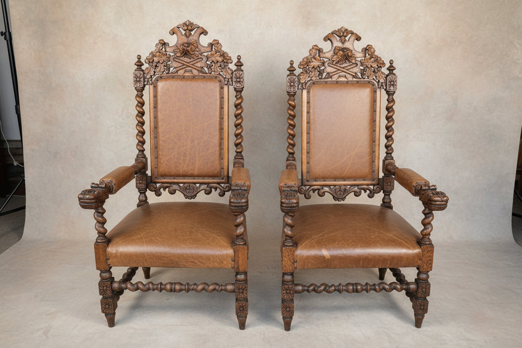 PAIR OF BARLEY TWIST OAK THRONE CHAIRS
