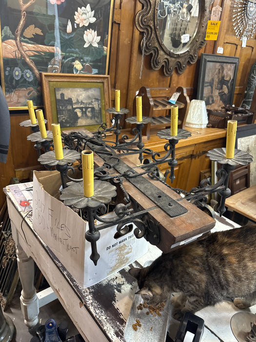 WOOD AND IRON CANDELABRA BEAM CHANDELIER