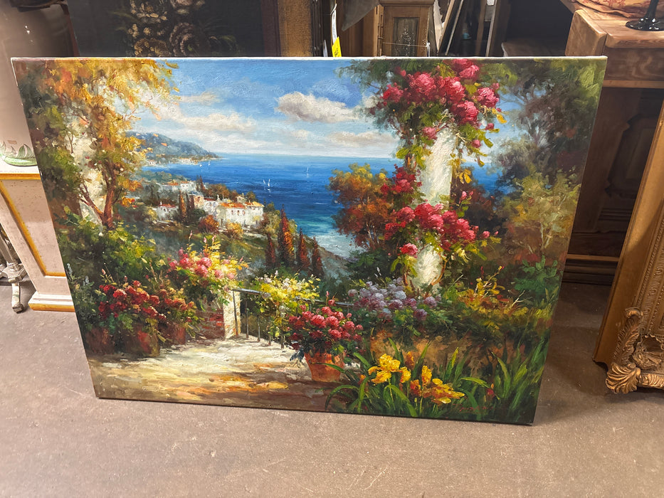 LARGE GOLD FRAMED 20TH CENTURY FLORAL ITALIAN SEASCAPE