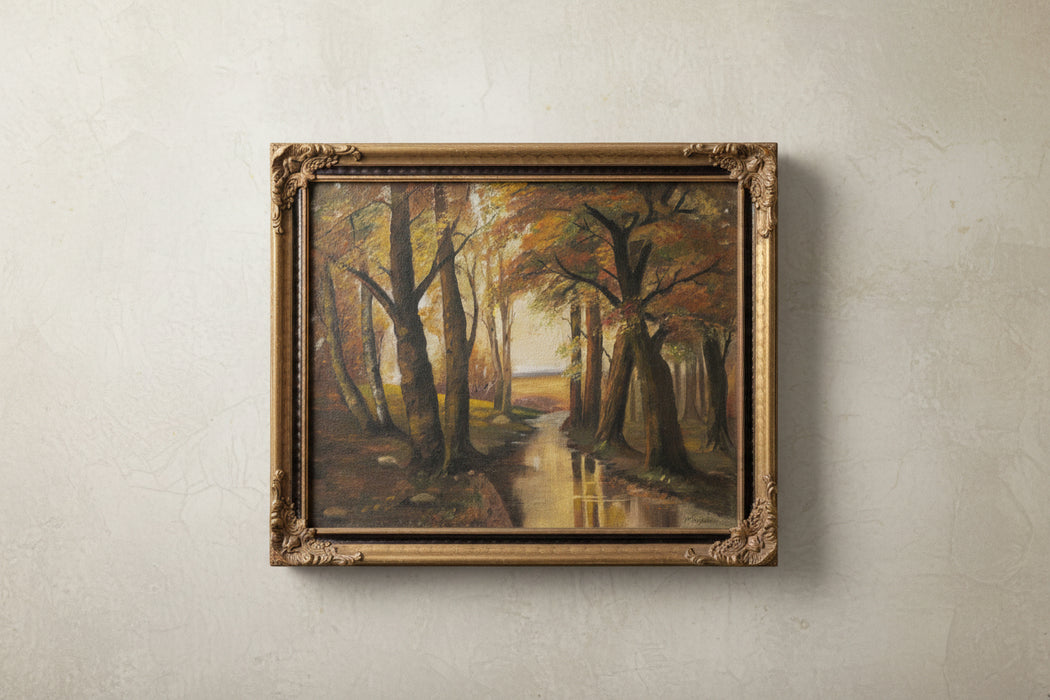 ORNATE BLACK AND GOLD FRAMED AUTUMN TREE LANDSCAPE PAINTING WITH RIVER - SIGNED
