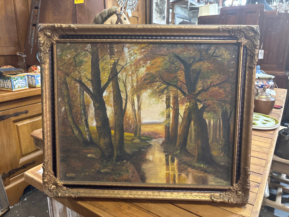 ORNATE BLACK AND GOLD FRAMED AUTUMN TREE LANDSCAPE PAINTING WITH RIVER - SIGNED