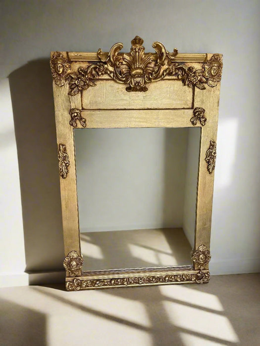 LADY FACE CROWNED GILT FRAMED BEVELED MIRROR