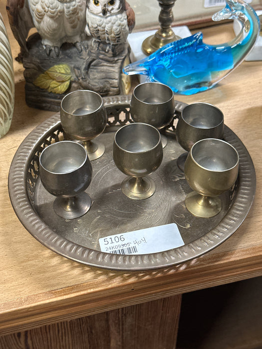 BRASS CORDIAL SET WITH ROUND BRASS TRAY