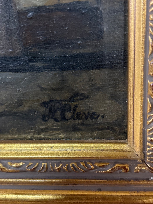 SMALL LATE 19TH CENTURY GILT FRAMED OIL PAINTING OF FRENCH MEN PAINTING WALL - SIGNED CLEVE
