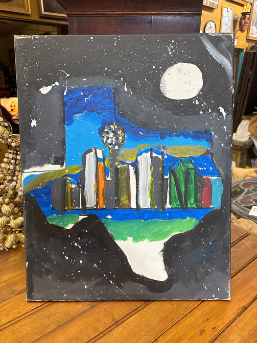 SMALL PAINTED CANVAS OF MOONLIT TEXAS SHAPED DALLAS SKYLINE