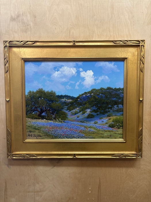 GOLD FRAMED BLUE BONNET OIL PAINTING ON CANVAS - SIGNED WILLIAM SLAUGHTER