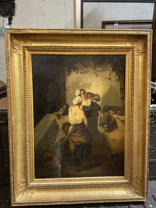 EARLY GILT FRAMED OIL PAINTING OF 2 LADIES GOSSIPING - AS FOUND