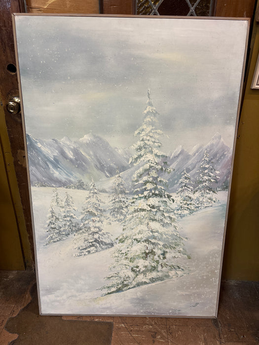 PAINTING OF SNOW COVERED MOUNTAINS AND TREES - SIGNED