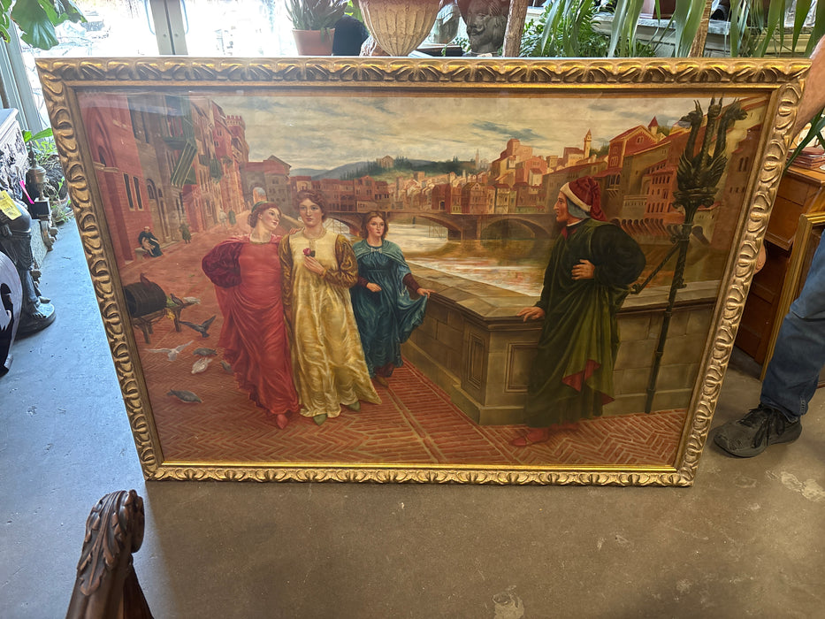 LARGE ORNATE GILT FRAMED ITALIAN STREET SCENE OIL PAINTING ON CANVAS WITH LADIES AND A GENTLEMAN BY THE CANAL