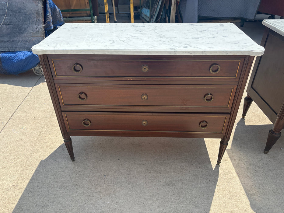 LOUIS XVI HAND DOVETAILED 3 DRAWER WHITE MARBLE TOP CHEST WITH RING PULLS