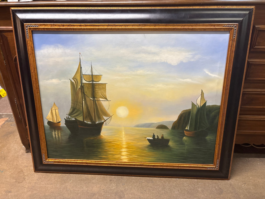BROWN FRAMED SHIPS IN BAY AT SUNRISE OIL PAINTING