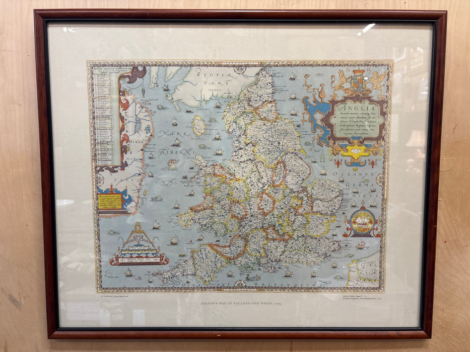 FRAMED MAP COPY OF SAYONS MAP OF ENGLAND AND WHALES - 1579