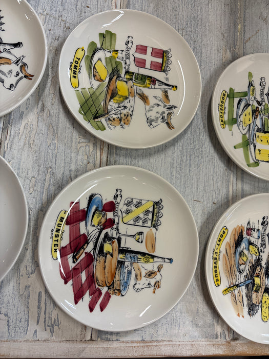 GIEN FRANCE SET OF 6 MIDCENTURY CHEESE AND WINE PLATES IN BOX