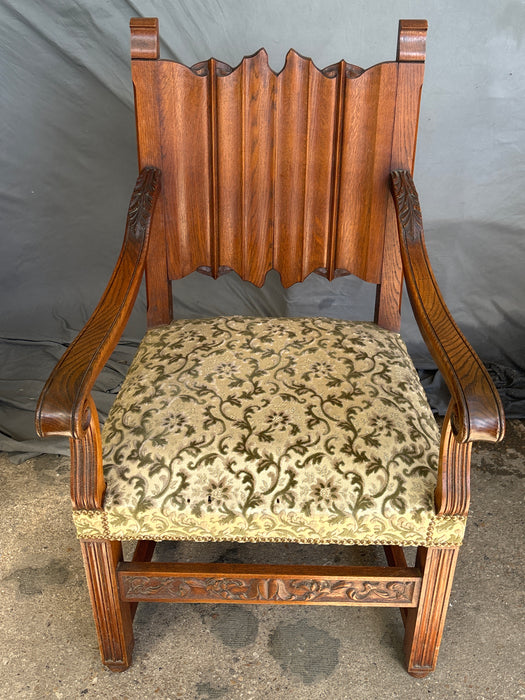GREEN UPHOLSTERED FRENCH GOTHIC LINEN FOLD CARVED OAK ARMCHAIR
