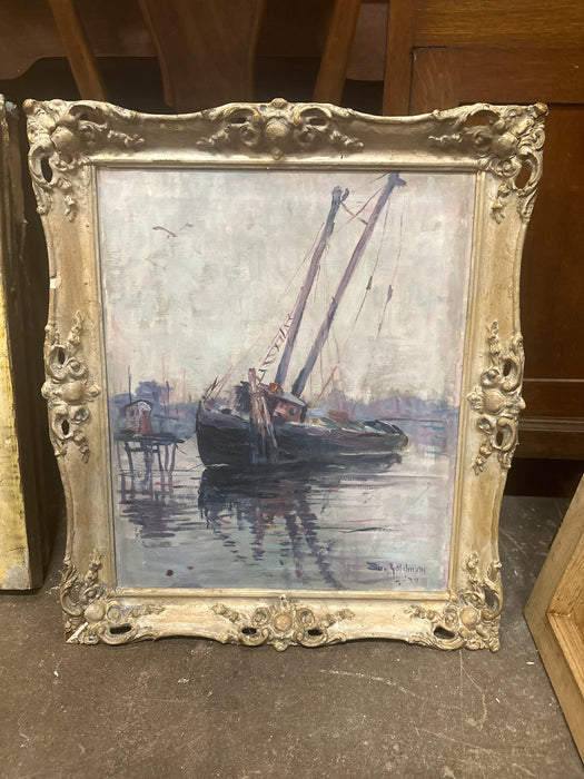 OIL ON CANVAS PAINTING OF FISHING BOAT