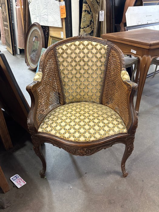 CARVED OAK BERGERE CHAIR - AS FOUND