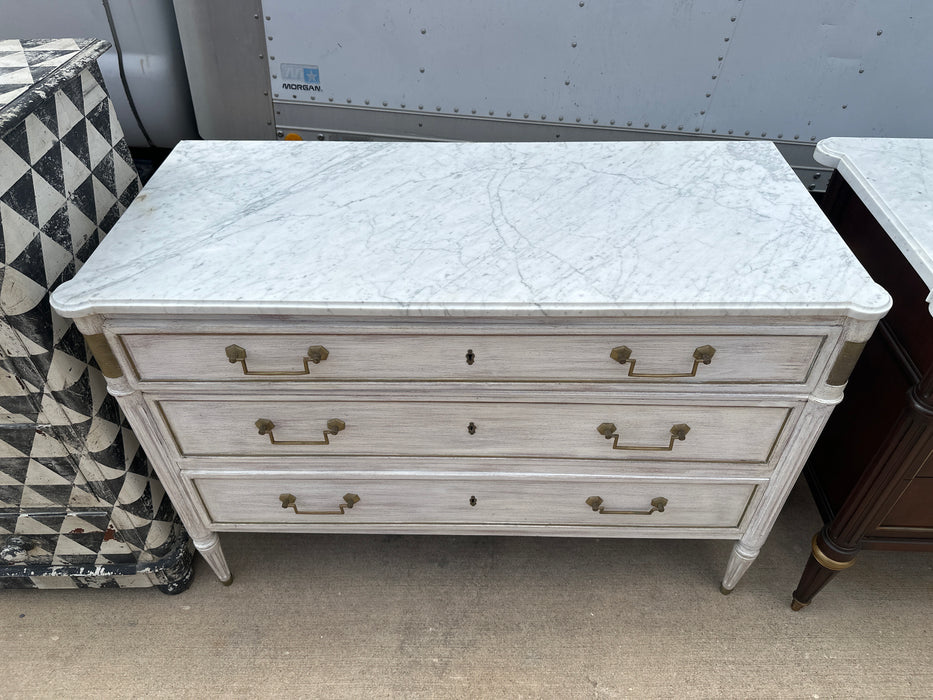 LOUIS XVI PICKELD OAK 3 DRAWER WHITE MARBLE TOP CHEST