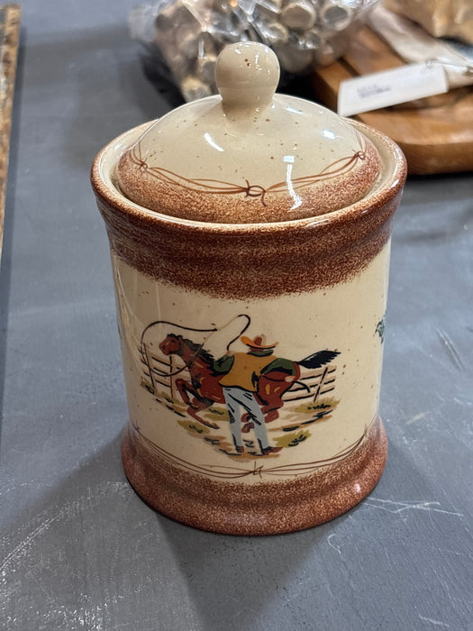 SET OF 4 POTTERY COWBOY CANNISTERS