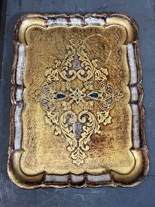 SMALL GOLD AND WHITE FLORENTINE TRAY WITH BLUE CENTER