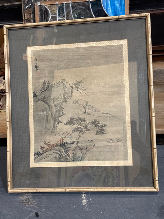 WHITE BAMBOO FRAMED ASIAN PRINT OF MOUNTAIN MAN OVERLOOKING HOUSE