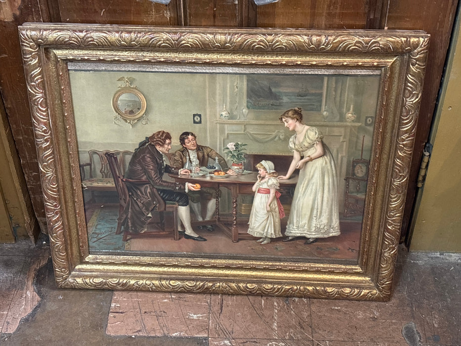 RECTANGULAR GILT FRAMED FAMILY AROUND TABLE PRINT - SIGNED PEARS