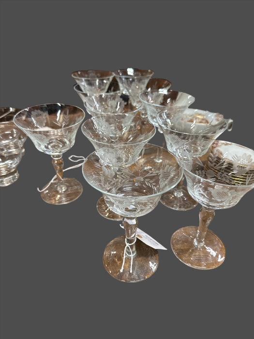 SET OF 11 ETCHED CRYSTAL FOOTED WINE GLASSES