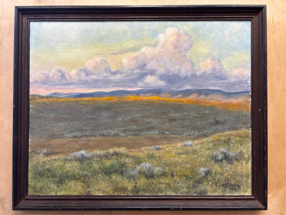 FLARED WOOD FRAMED LANDSCAPE “CLOUD BURST ON THE PLAINS” PAINTING - SIGNED