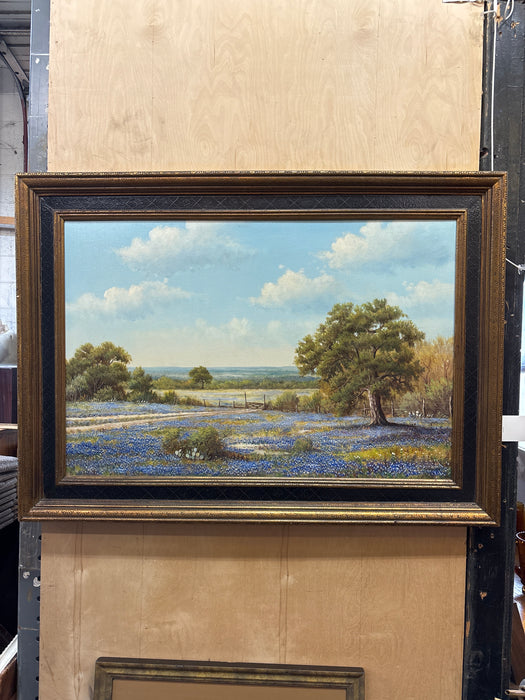 GOLD AND BLACK FRAMED BLUE BONNET LANDSCAPE OIL ON CANVAS PAINTING - BY J.W. THRASHER