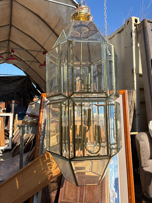 BRASS AND BEVELED GLASS HANGING LANTERN