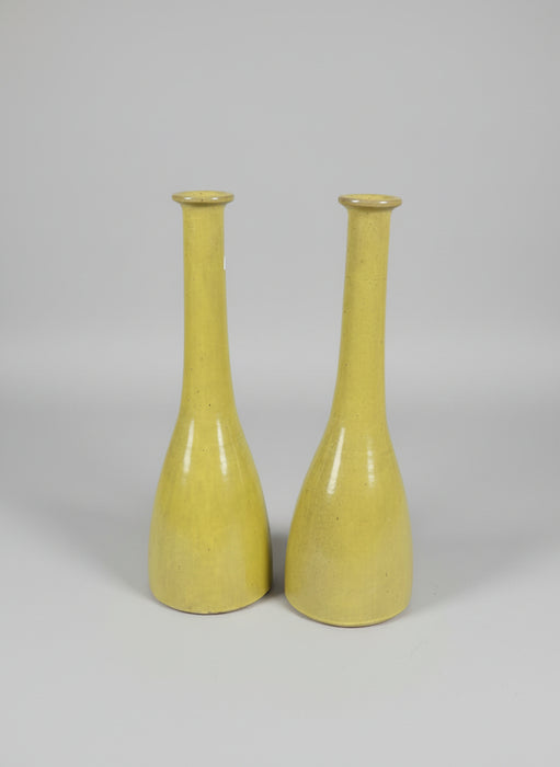 PAIR OF CHARTREUSE GREEN TALL POTTERY VASES