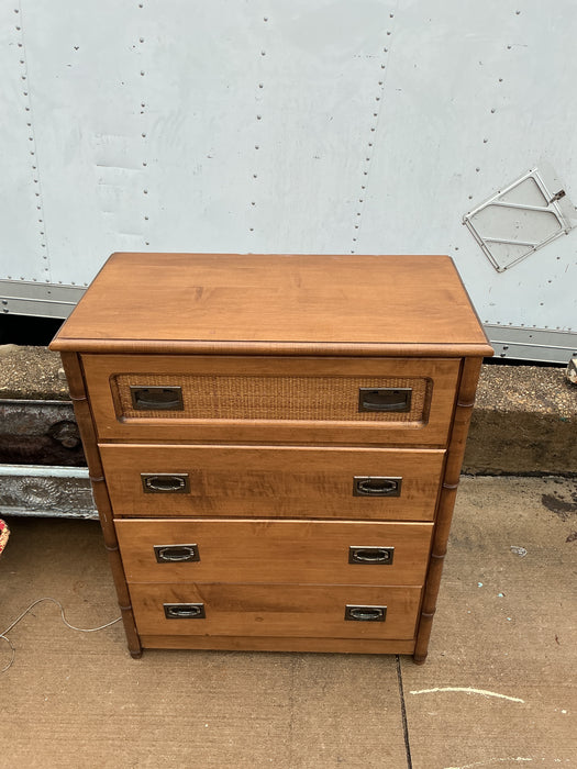FAUX BAMBOO AND CANE 4 DRAWER MAPLE CHEST - AS FOUND MISSING HANDLES