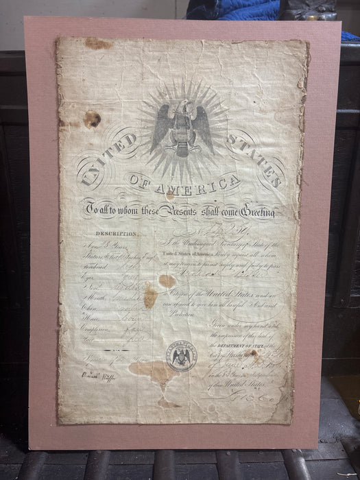FRAMED AMERICAN PASSPORT FROM 1859