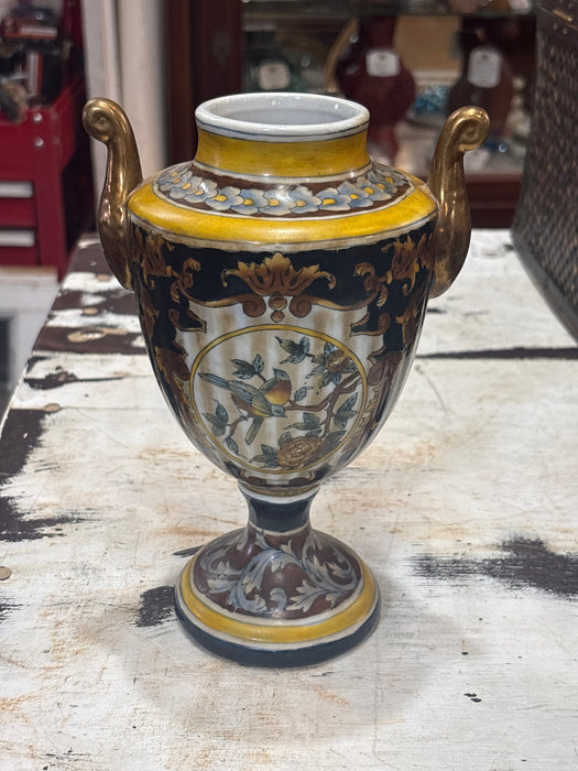 REPRODUCTION BLACK AND YELLOW JARDINIERE WITH HANDLES AND BIRDS