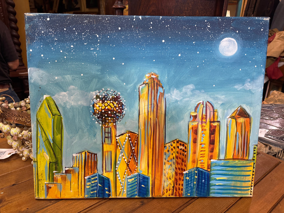 SMALL BLUE AND GOLD PAINTED CANVAS OF DALLAS SKYLINE